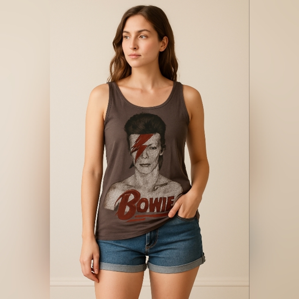 David Bowie Graphic Tank Top Brown 100% Cotton Medium Madness‎ Vintage Style